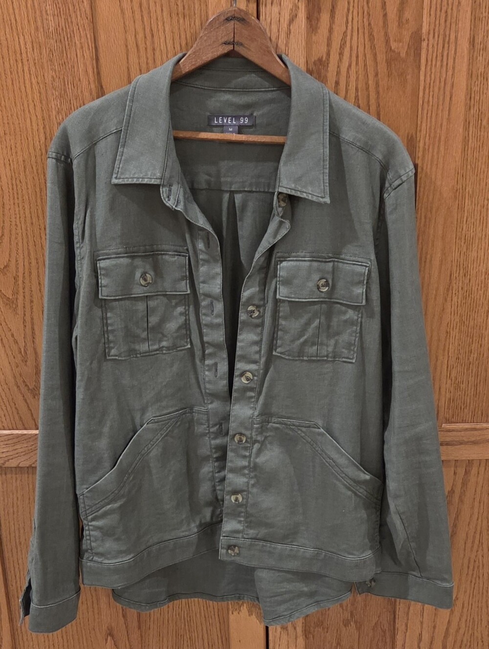 Level 99 Olive Green Utility Shirt Jacket Shacket Linen Blend Size M